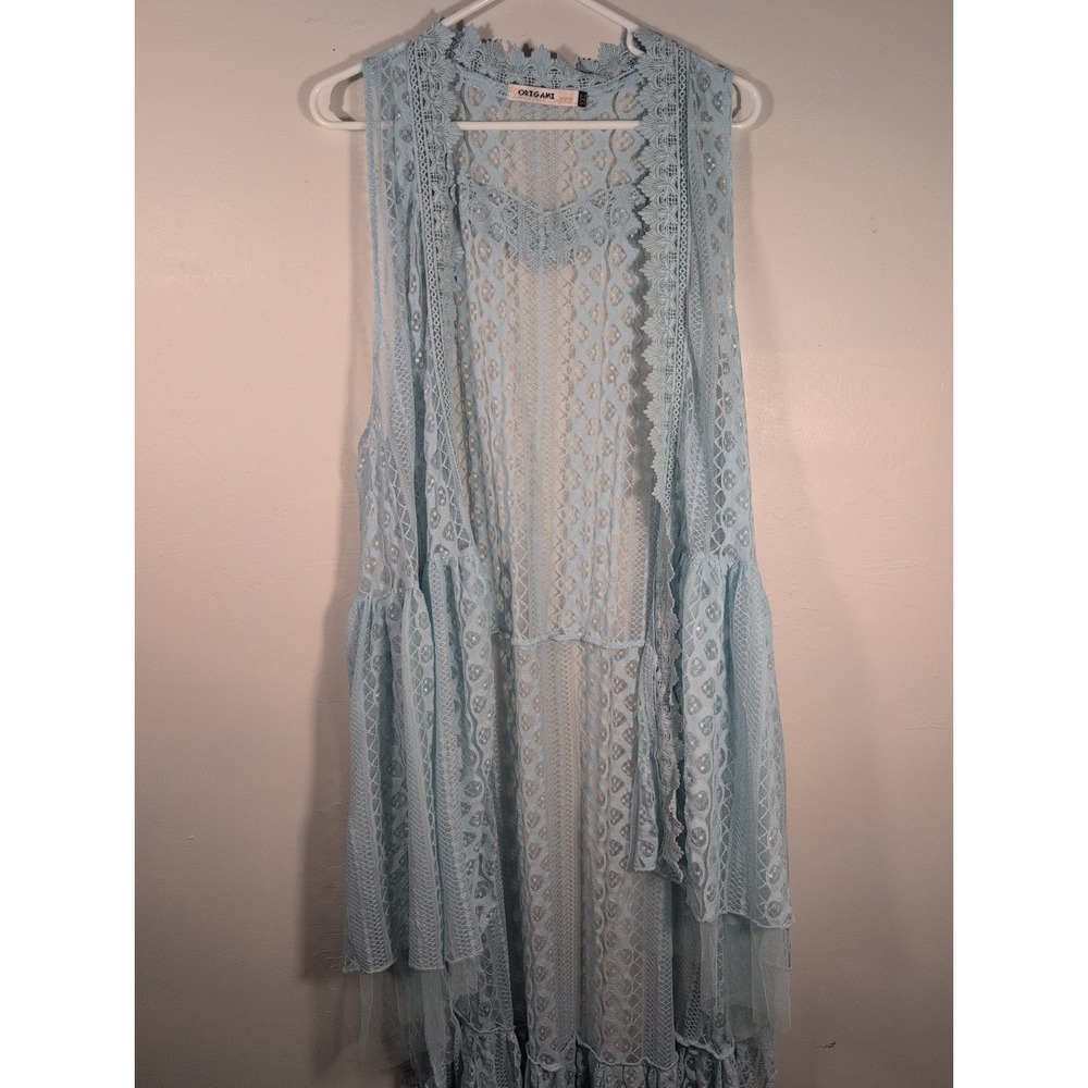 ORIGAMI Cardigan LACE KIMONO WESTERN DUSTER Vest shirt XXL BOHEMIAN Baby Blue - Picture 2 of 12